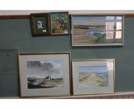 A watercolour of a North Norfolk creek by Patrick Kearney 65, a watercolour of a coastal scene (indistinctly signed), a water
