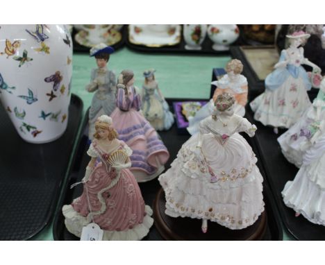 Six figurines by Royal Worcester and Wedgwood plus a Kingsley enamel box