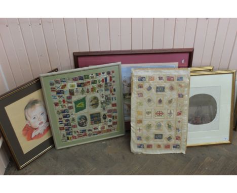 A pair of framed Chinese prints on silk, a pastel portrait of a young boy, a framed print of a manor house plus two sets of s