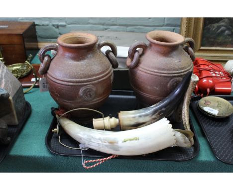 A pair of salt glaze stoneware vases with ring handles plus two horn ornaments and a horn lamp