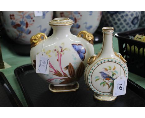 Two Worcester flask vases, one with bird portraits, the other with butterflies and flowers, both with gilded decoration