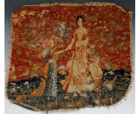 A Gros and Petit Point tapestry fragment of a woman and child, 35cm x 40cm approx., late 18th / early 19th Century (faults)