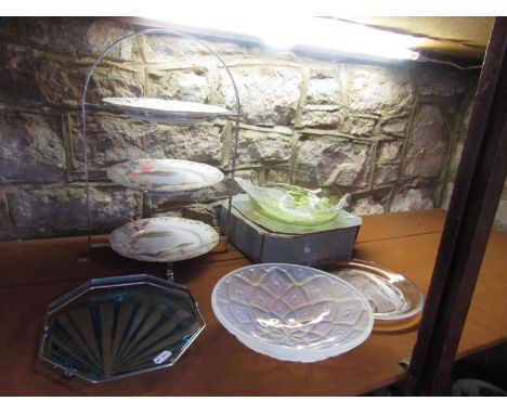 A Lalique style opalescent glass bowl with diaper type decoration, together with a further art deco cake stand and art nouvea