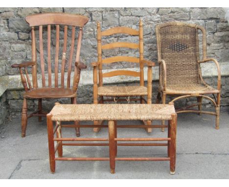 A 19th century Windsor elm and beechwood lathe back armchair, a ladder-back rocking  chair with stained beechwood frame and r