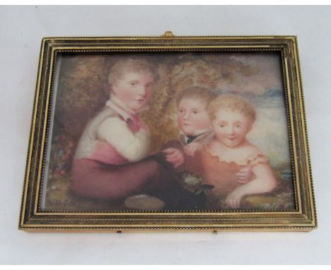 J A Gibbs 19th century British school - A miniature&nbsp;portrait of three young children with a birds nest in a landscape se
