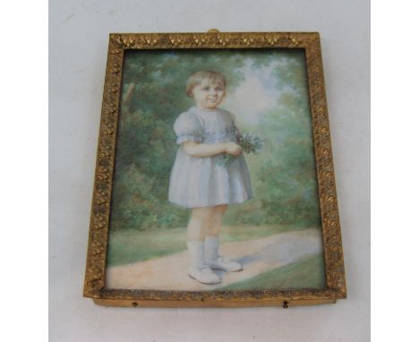 W Dongworth (early 20th British school) full length miniature&nbsp;portrait of blue eyed young girl in blue dress holding a p