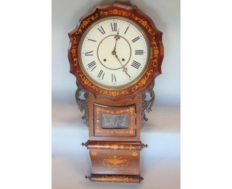 Edwardian rosewood and boxwood inlaid drop dial ogee wall clock, twin train movement, 86cm high 