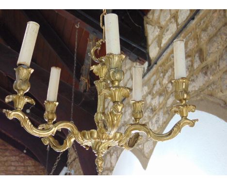 Rococo style cast gilt metal five branch hanging ceiling light, 47 cm diameter 
