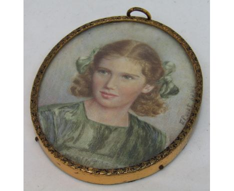 Ethol Court ARMS (20th century British school) - Bust length miniature&nbsp;portrait of Christine, young girl with brown hair