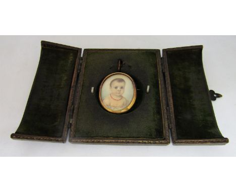 Early 19th century British school - Bust length miniature&nbsp;portrait of a brown eyed baby wearing a coral necklace, waterc