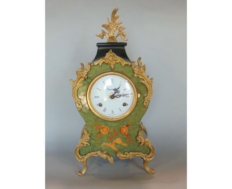 Italian Rococo style mottled green and ormolu mantle clock, the convex two train dial marked Imperial, with Roman numerals, t