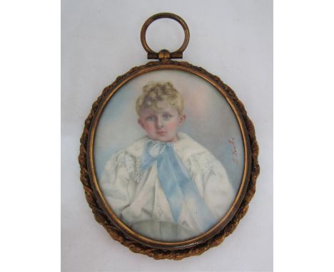 L Fowler (early 20th century British school) - Half length miniature&nbsp;portrait of a young boy with fair curling hair, in 