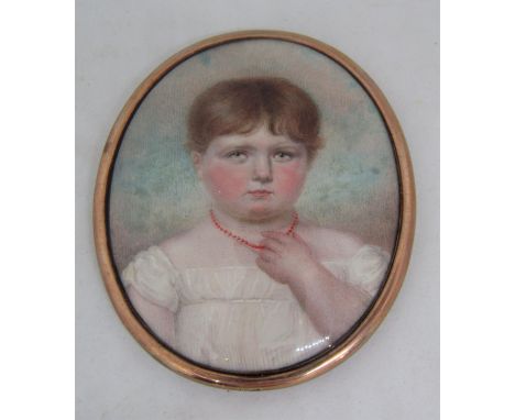 Early 19th century British school - Bust length miniature&nbsp;portrait of a young child wearing a white dress and coral neck