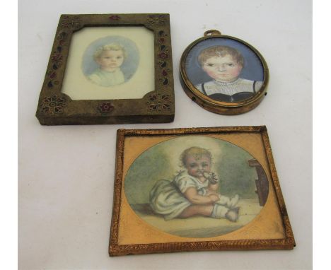 19th century British school - A naive style shoulder length miniature&nbsp;portrait of Virginia Arnold with brown eyes and sh