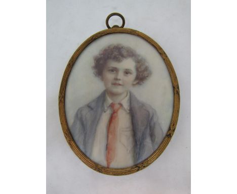 Marion S Broadhead R.M.S. - Half length miniature&nbsp;portrait of a young boy with brown eyes and curling hair, wearing a bl