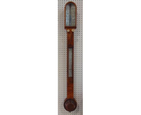 Good quality 19th century burr walnut stick barometer by Wood Abraham &amp; Co of Liverpool, with engraved silvered back plat