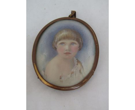 Early 20th century British school - Bust length miniature&nbsp;portrait of a blue eyed fair haired child with pronounced frin