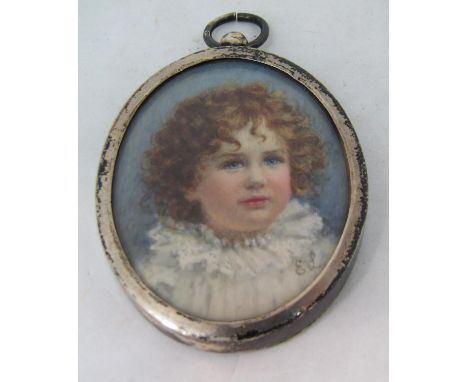 E L (late 19th century British school) - Shoulder length miniature&nbsp;portrait of a blue eyed child with curling hair, wear