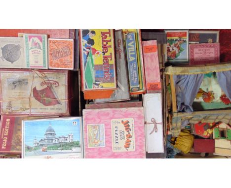 Large collection of vintage toys and games including a wooden framed puppet theatre with dancing flower girls, jigsaws, table