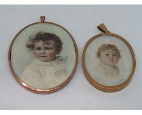 Early 20th century British school - Bust length miniature&nbsp;portrait of a blue eyed baby with brown curling hair, wearing 