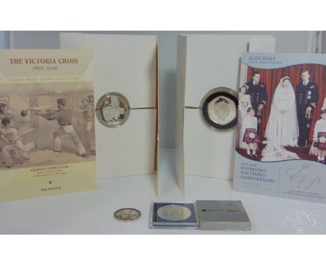 1987 Canadian dollar Davis Strait silver coin and English hallmarked school medal, Victorian Cross proof £5 coin - CD Lucas a