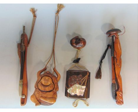 A collection of Eastern treen to include inro decorated with a mouse with mother-of-pearl decoration and further mouse netsuk