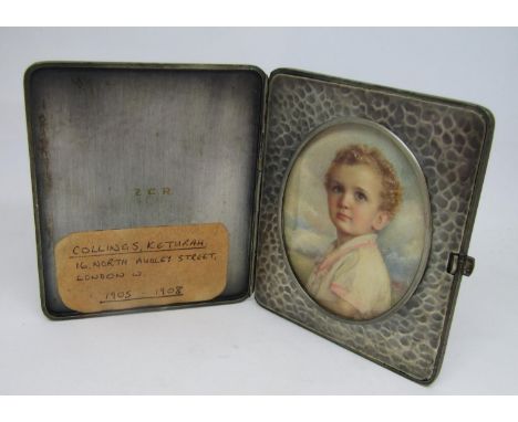 Keturah Collings - Bust length miniature&nbsp;portrait of a young boy with fair curling hair and brown eyes, wearing a white 