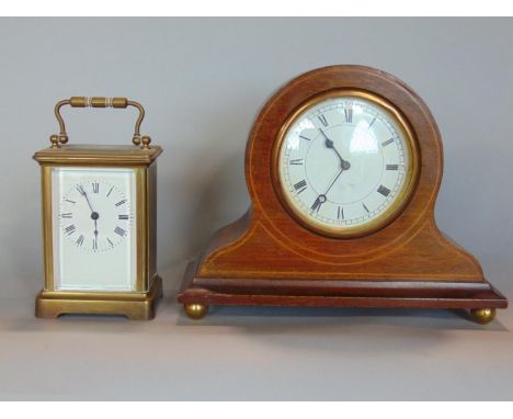 Brass carriage clock with cornice case and enamel front, roman numerals, 11cm high, together with a further Edwardian style f