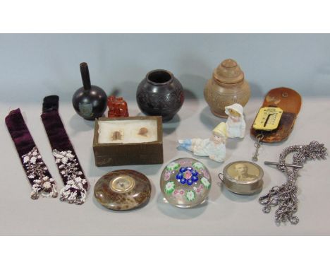 Small millefiori paperweight, 19th Berlin steelwork watch chain, serpentine mounted compass, etc 