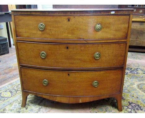 A regency mahogany bow fronted chest of three long drawers, raised on swept supports, 92cm wide 