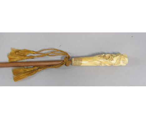 Chinese and carved ivory Malacca swagger stick, the handle carved with various rats, with original stickers, inscribed with C