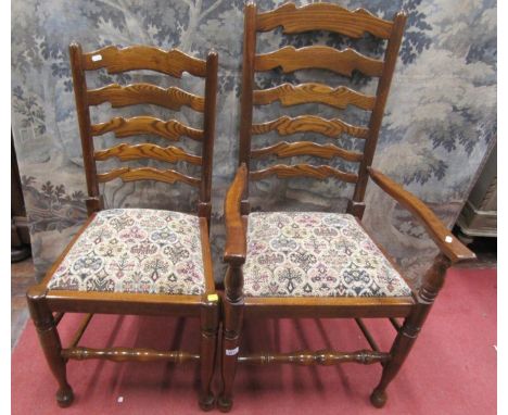 A set of eight (6+2) ladder-back dining chairs in mixed woods, ash and beech, mid-20th century in an 18th century style, with