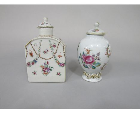 An 18th century Chinese tea caddy and stopper of two sided arched topped form with famille rose painted floral swag and insec