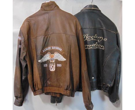 Harley Davidson collection including soft brown leather jacket by Atlas Cuir (XL), black leather biker jacket (no size shown,