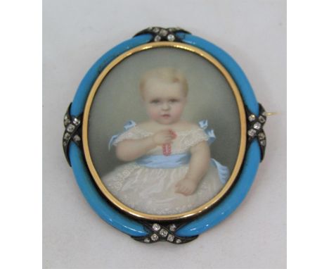 19th century school - A good quality three quarter length miniature&nbsp;portrait of a fair haired baby in a white dress with