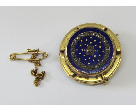 Victorian yellow metal brooch / pendant set with rose cut diamonds and with cobalt blue enamel decoration, 8.6g 