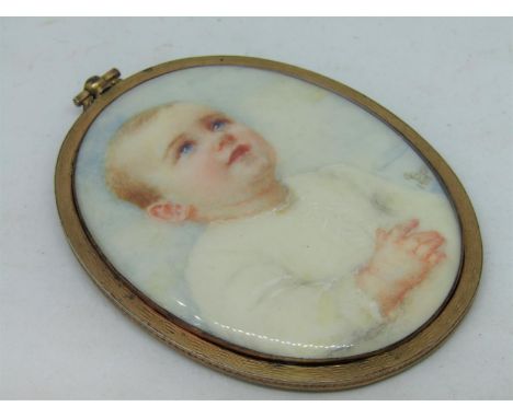 G Bell (early 20th century British school) - Half length miniature&nbsp;portrait of a blue eyed baby in white dress, watercol