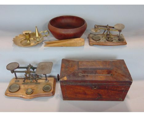 Two pairs of 19th century brass letter scales, with some weights, a regency mahogany tea caddy, pair of Scandinavian nut crac