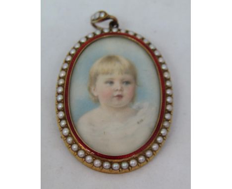 F H (late 19th century British school) - Bust length miniature&nbsp;portrait of a fair haired baby in white dress, probably w