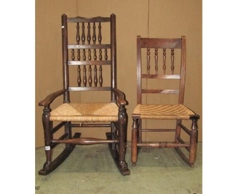 A set of four 19th century ash-wood country dining chairs with graduated ladder-backs over  rush seats, together with two oth