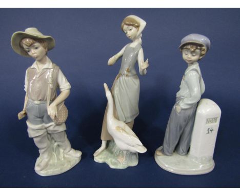A Lladro figure of a goose girl, a Lladro figure of a fisher boy and a Lladro Daisa figure of child with knapsack leaning aga