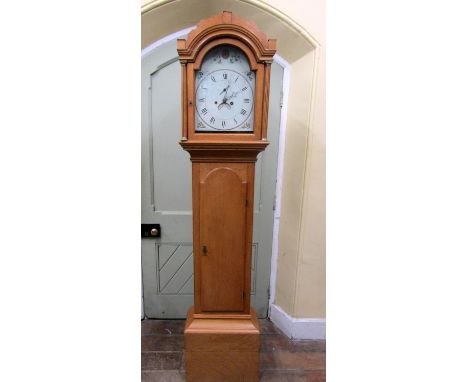 A Georgian oak Countrymade longcase clock, the arched hood enclosing broken arch painted dial with floral spandrels, subsidia