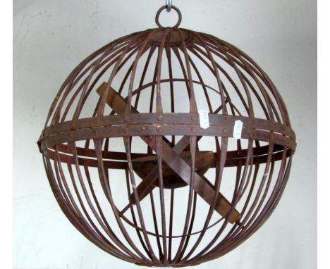 an antique style iron work sphere caged gimble oil ships hanging light, 40 cm in diameter approx 