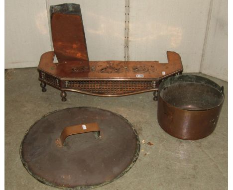One lot of 19th century and later copper and brass ware to include a copper helmet shaped coal scuttle, heavy cylindrical cop