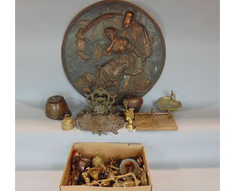 An unusual 19th century tea caddy principally in brass in the form of a jockeys cap, a brass ink stand with divisional back i