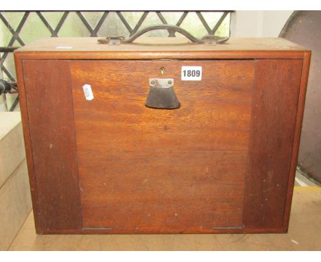 A vintage portable engineers tool chest with removable drop front revealing a fitted interior of four drawers and contents 