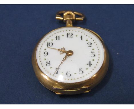 Good quality French 18ct fob watch, the back with tri-colour relief of floral swags, inset with a rose cut diamond, the ename