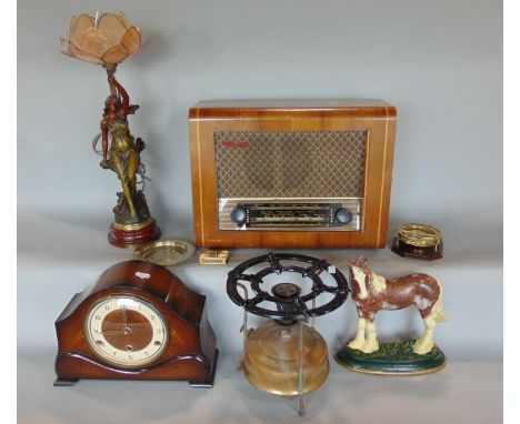 A brass and enamel primus stove with train mantle, a Pye valve radio, a door stop in the form of a shire horse, etc, together