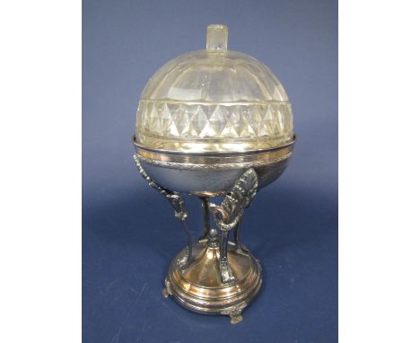 Good quality silver plated centre piece, with wheat sheaf supports, acorn finial upon a circular plateau, topped with a cut g