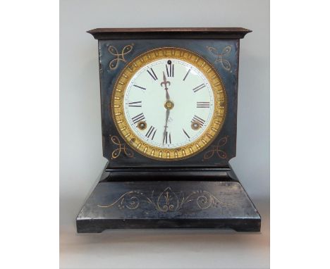 19th century Asonia cast iron chiming mantle clock, with two train enamel dial, Roman numerals, gilt darted bezel, 26cm high 